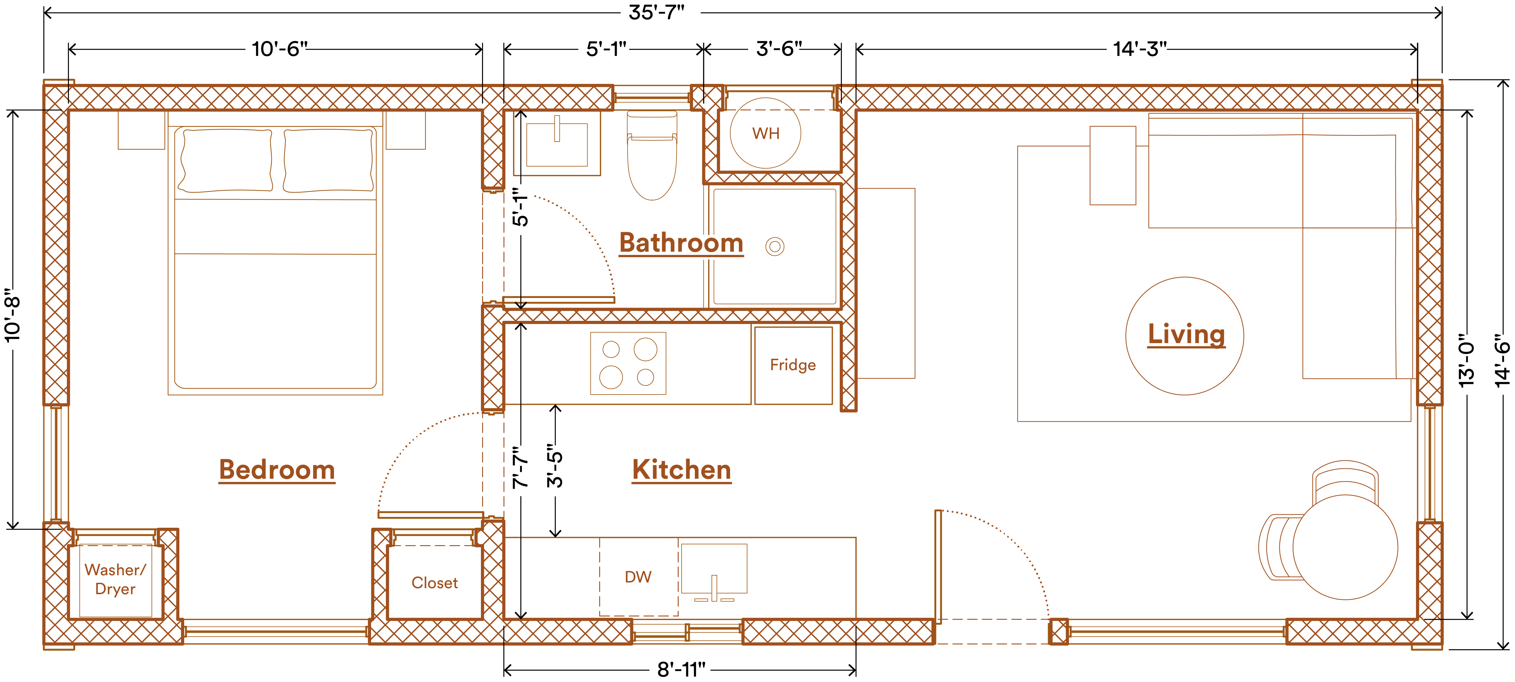 Abodu One floor plan: 1 bedroom, 1 bath, 500 Sq Ft with living/dining room, galley kitchen, bedroom with two closets